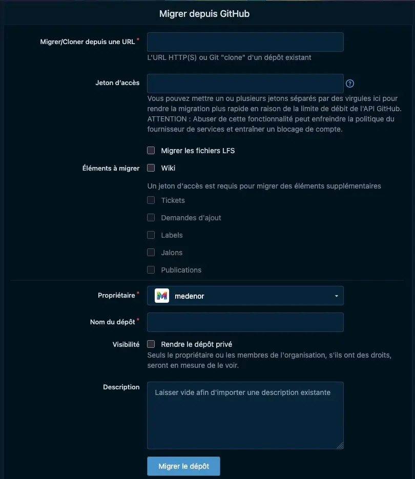 Paramétrage de la migration de GitHub à Codeberg