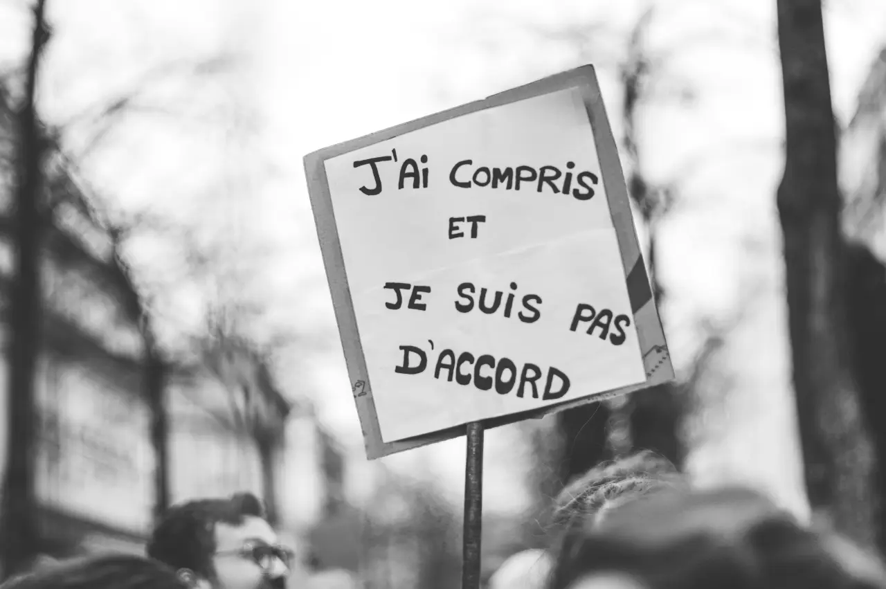Manifestation avec une pancarte &ldquo;J&rsquo;ai compris et je ne suis pas d&rsquo;accord&rdquo;