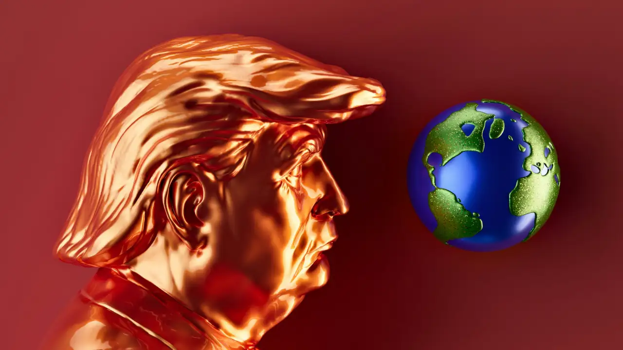 Représentation artistique de Donald Trump en sculpture dorée face à la Terre